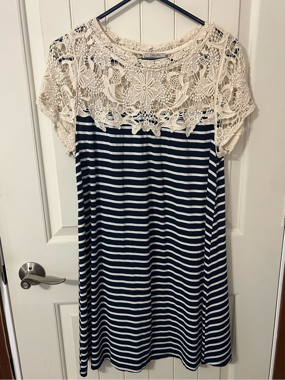Navy & White Striped Dress with Cream Crochet Yoke